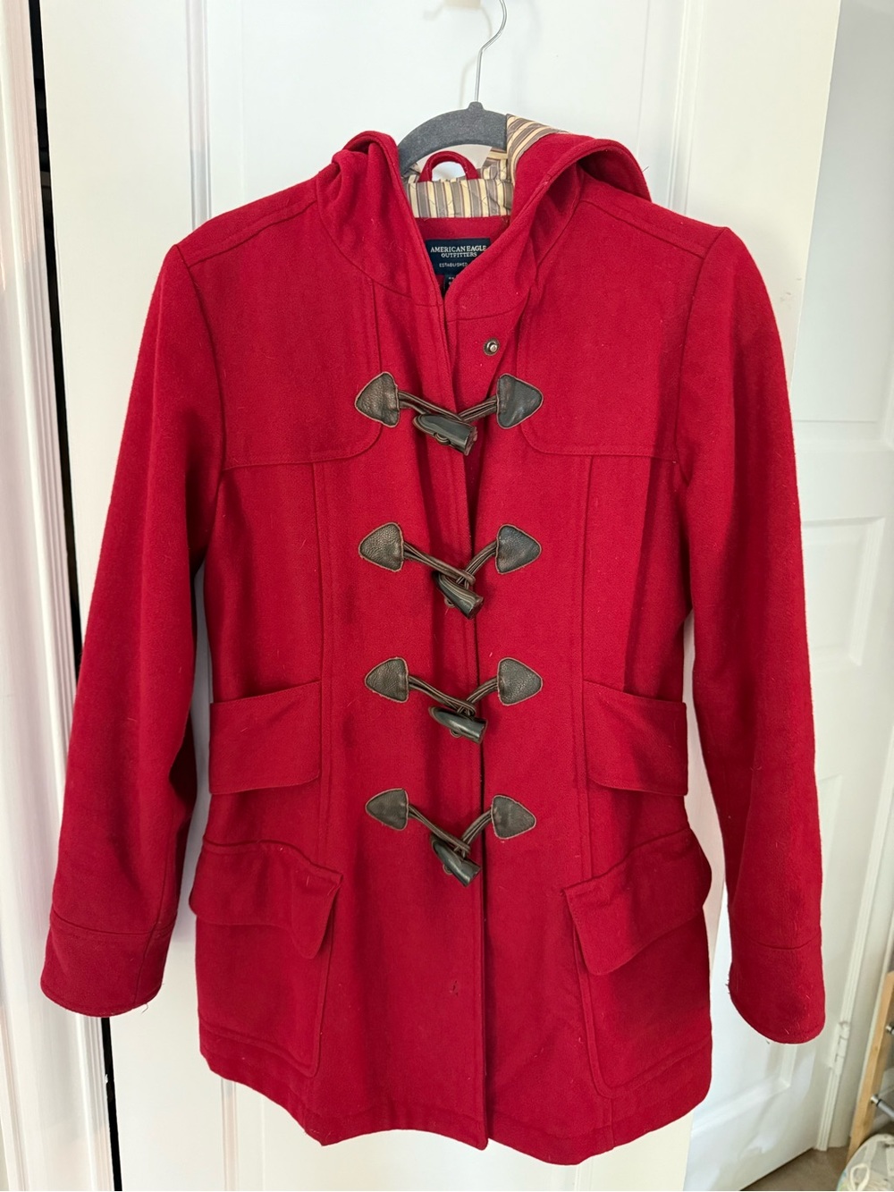 American Eagle Outfitters Red Wool-Blend Toggle Hooded Pea Coat